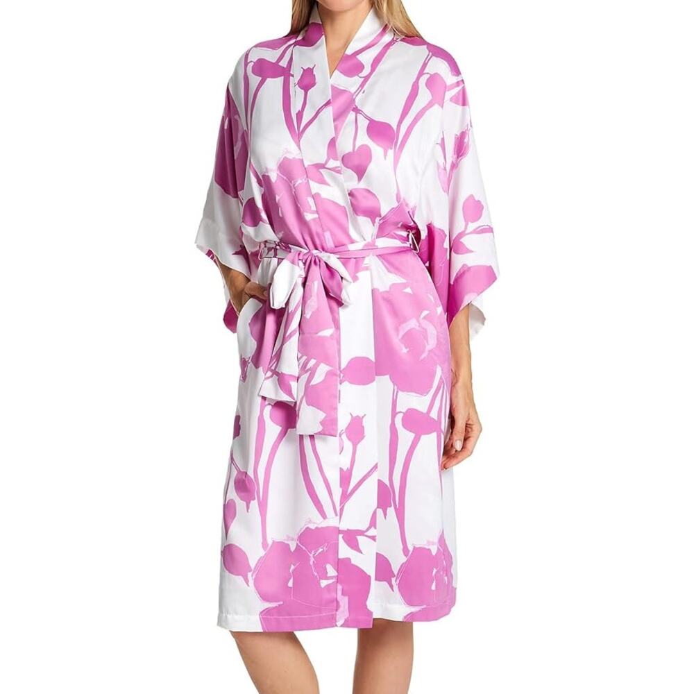 SET Natori Nara Floral Robe and Slip Dress Nightdress | Pink White | SZ‎ XS